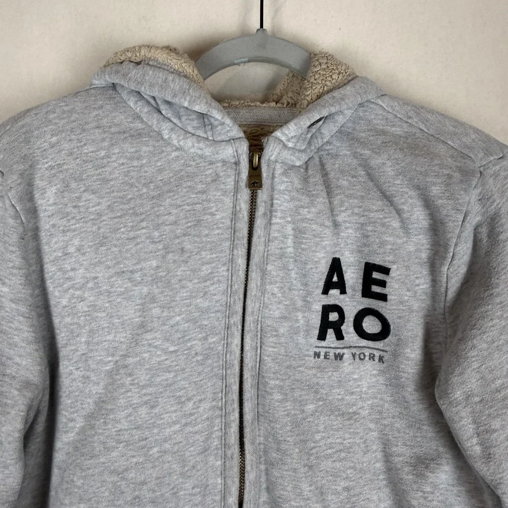 Aeropostale Hoodie Sweatshirt Kids Small Gray Full Zip Sherpa Fleece Lined Logo‎